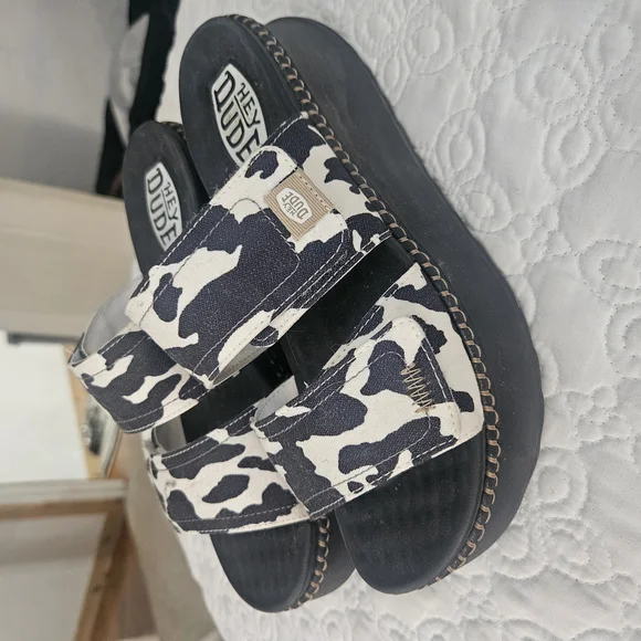 Hey Dude Black and White Sandals with Open-Back Design - Picture 1 of 3